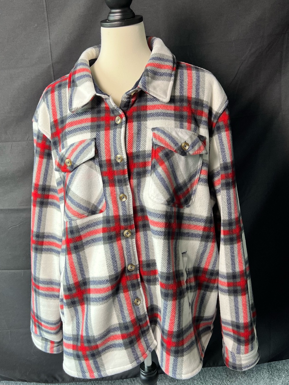 Red, Gray and White Plaid Fleece Shacket